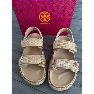 NIB Tory Burch Beige Woven Raffia and Leather Kira Flat Sandals Size 8